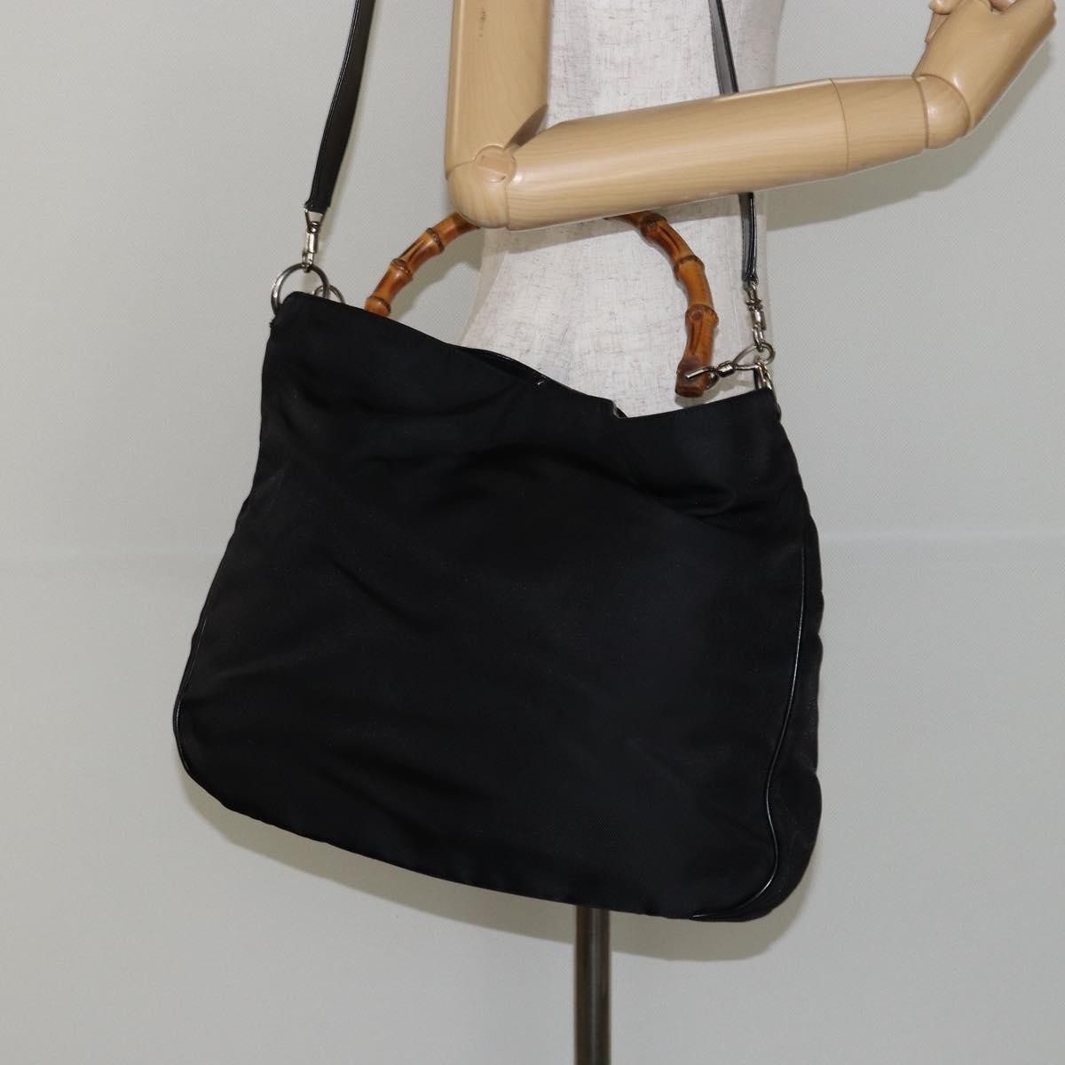 Gucci Vintage Bamboo Handle Open Hobo Nylon, BLACK, NYLON, Handbag