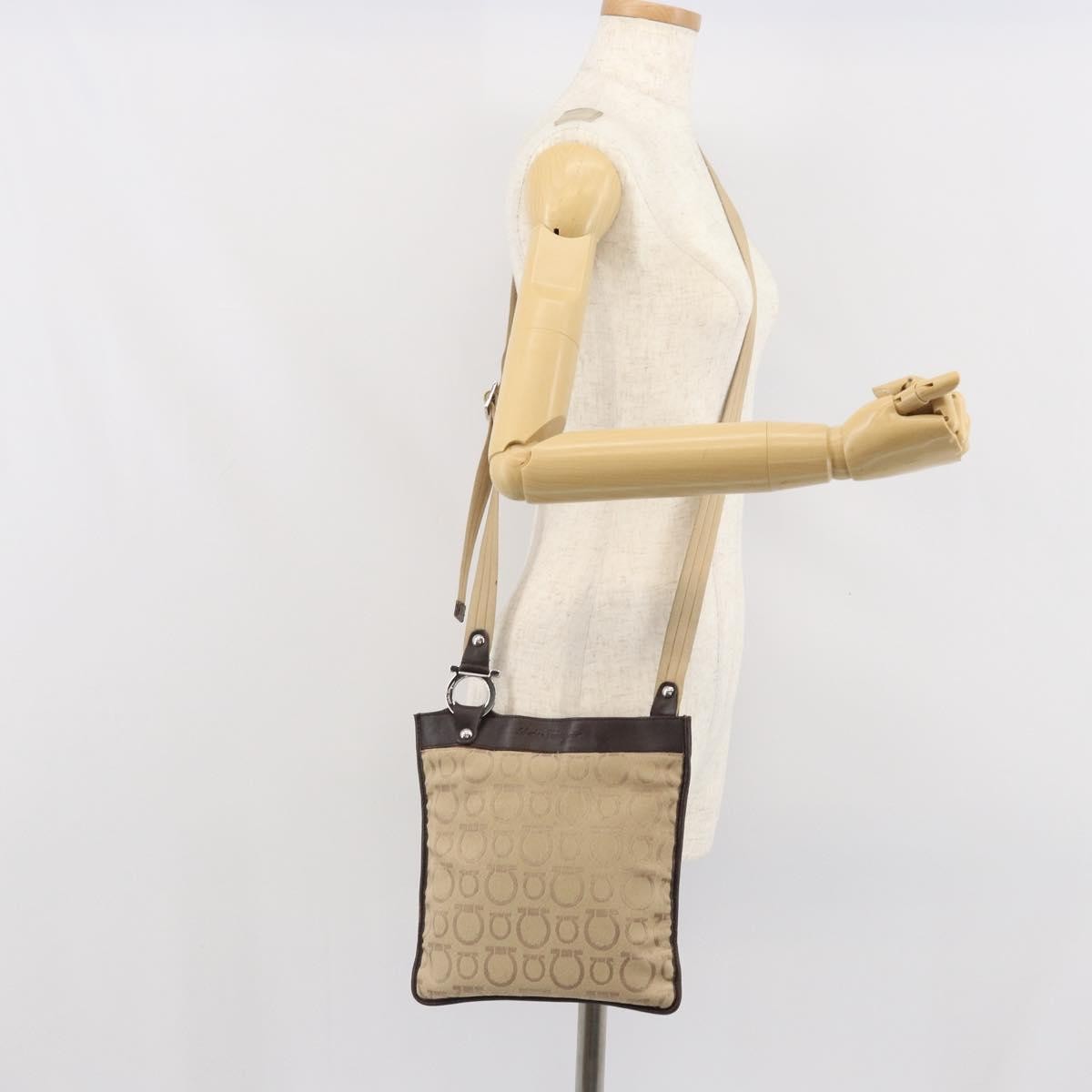 Salvatore Ferragamo Gancini Shoulder Bag Canvas, BEIGE, CANVAS, Shoulder bag