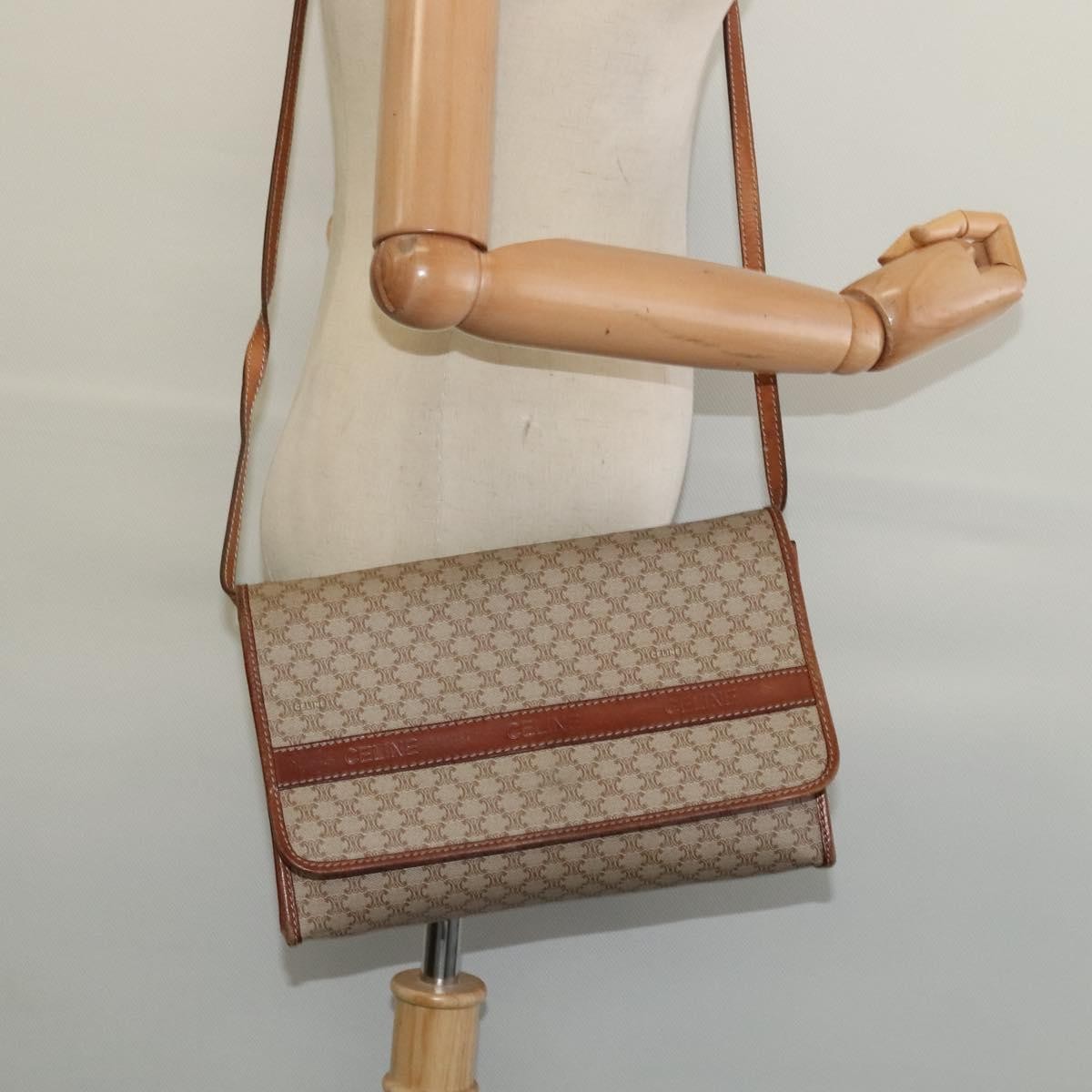 Celine Vintage Macadam Shoulder Bag Canvas and Leather, BEIGE, CANVAS, Shoulder bag