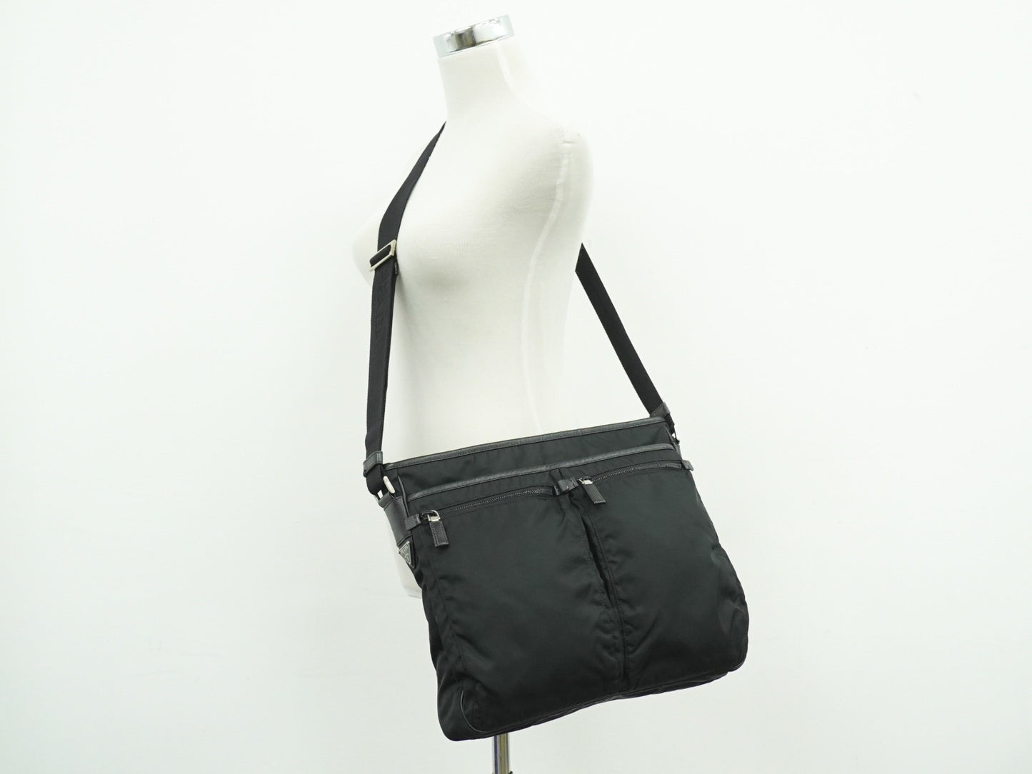 Prada Double Pocket Zip Messenger Tessuto, BLACK, NYLON, Shoulder bag