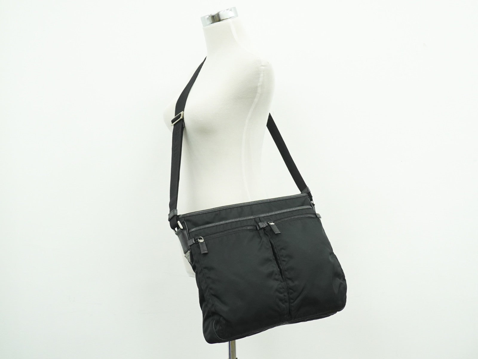 Prada Double Pocket Zip Messenger Tessuto, BLACK, NYLON, Shoulder bag