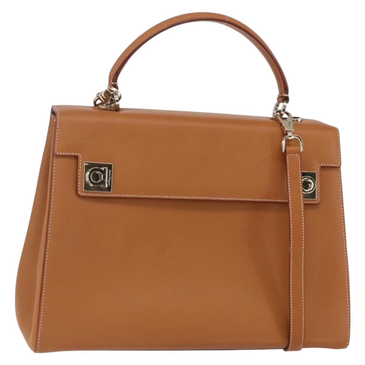 Salvatore Ferragamo Gancini handbag Leather, BROWN, LEATHER, Handbag