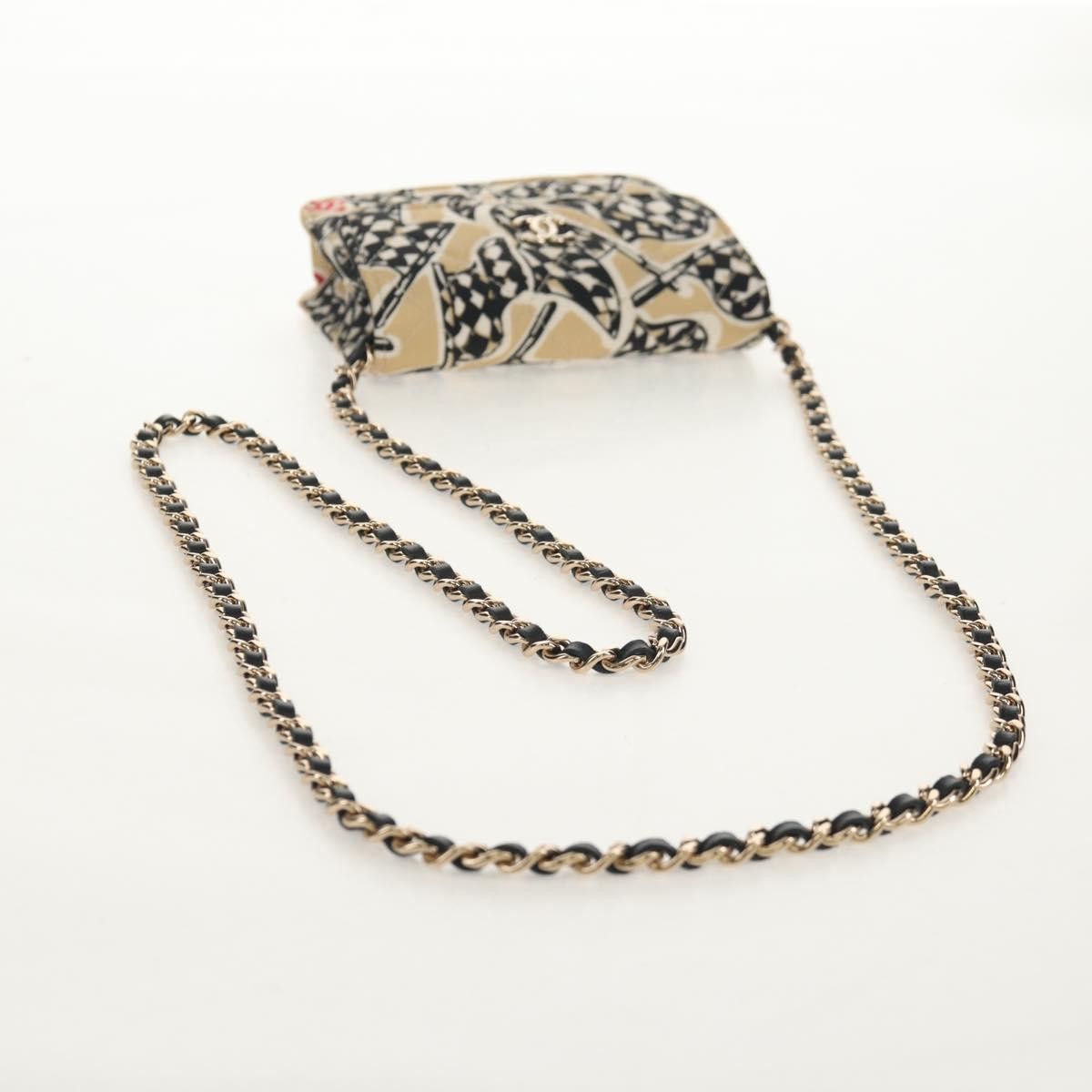 Chanel Flap Card Holder on Chain Quilted Printed Canvas, Beige, Satin, Clutch