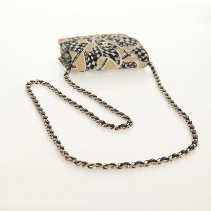 Chanel Flap Card Holder on Chain Quilted Printed Canvas, Beige, Satin, Clutch
