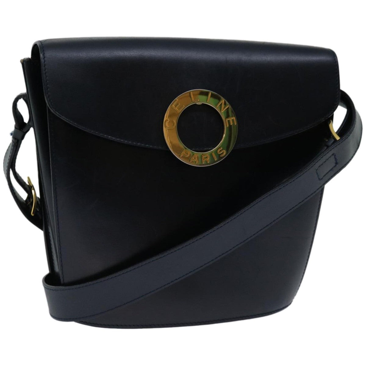Celine Vintage Circle Logo Crossbody Bag Leather, NAVY, LEATHER, Crossbody bag
