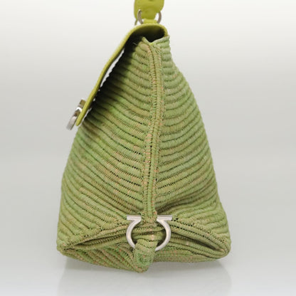 Salvatore Ferragamo Sofia Satchel Raffia with Leather, GREEN, WOOD, Handbag