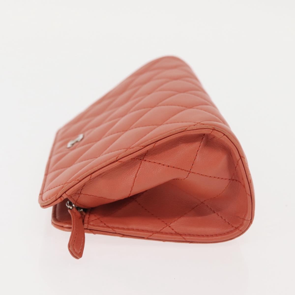Chanel Classic Double Pocket Zip Pouch Quilted Lambskin, ORANGE, LEATHER, Clutche & pouche