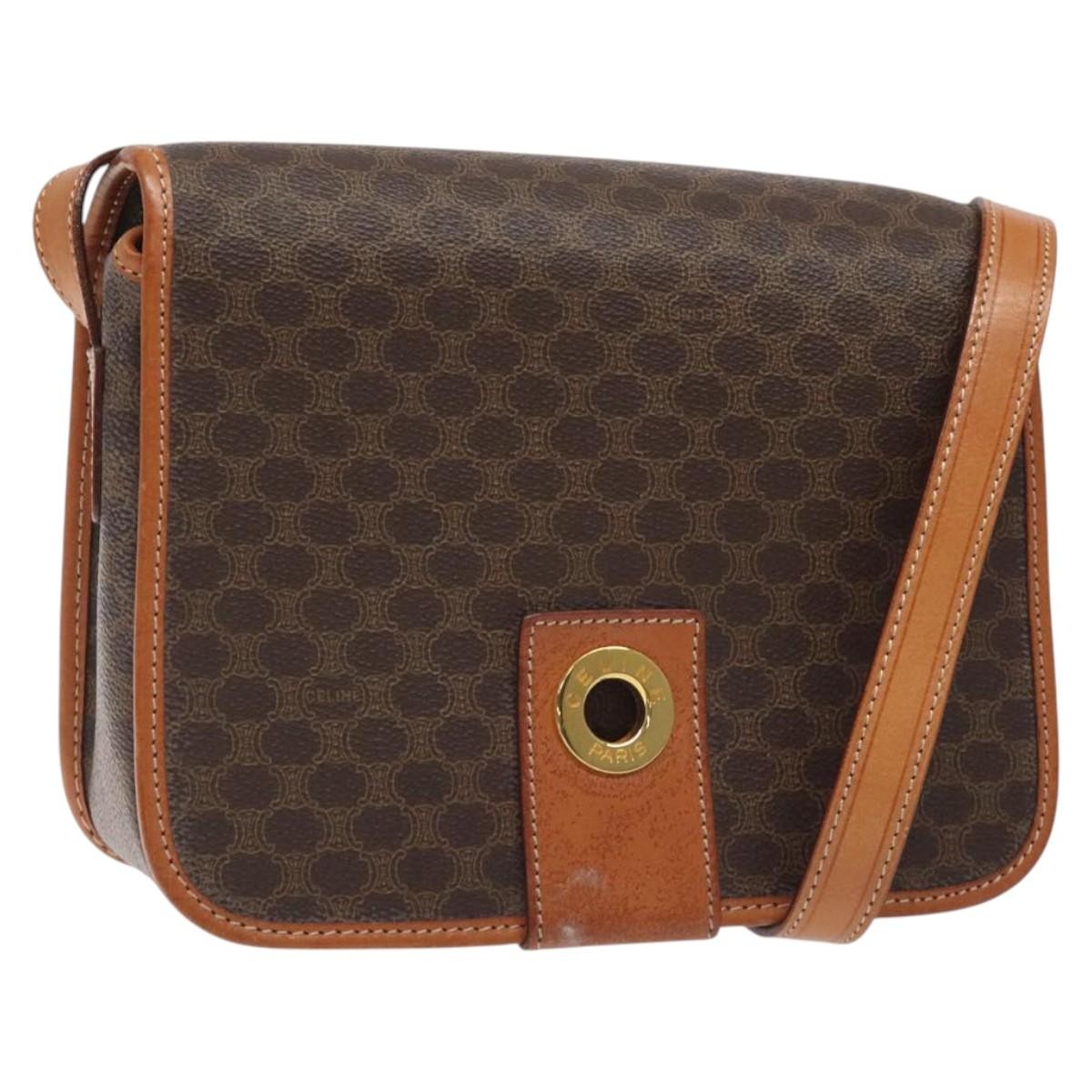 Celine Vintage Macadam Circle Logo Shoulder Bag Canvas and Leather, Brown, Canvas, Shoulder Bag