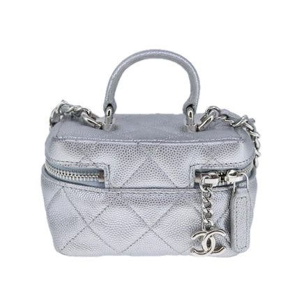 Chanel Classic Vanity Case with Chain Quilted Caviar, Silver, Leather, Shoulder Bag