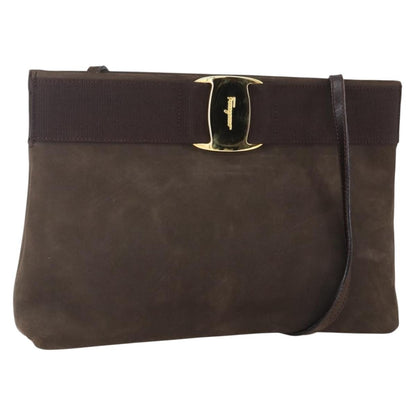 Salvatore Ferragamo Vala Shoulder Bag Suede, BROWN, SUEDE, Shoulder bag