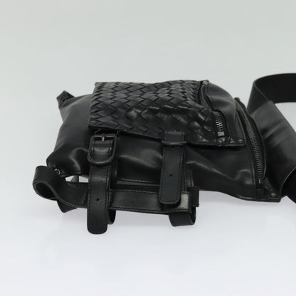 Bottega Veneta Utility Waist Bag Leather with Intrecciato, BLACK, LEATHER, Shoulder bag