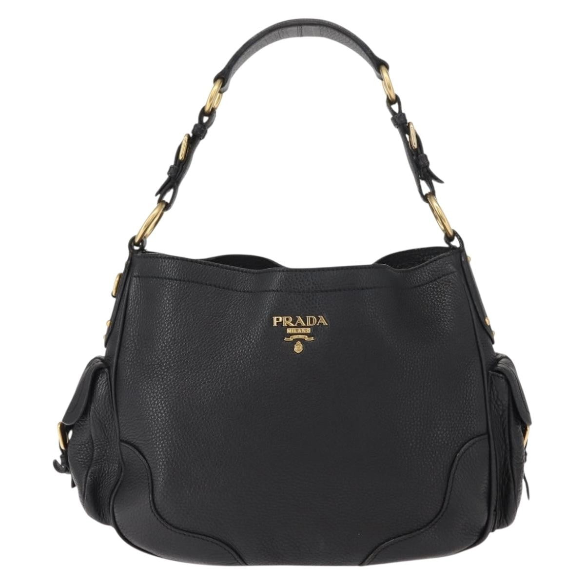 Prada Side Pocket Hobo Vitello Daino, BLACK, LEATHER, Shoulder bag