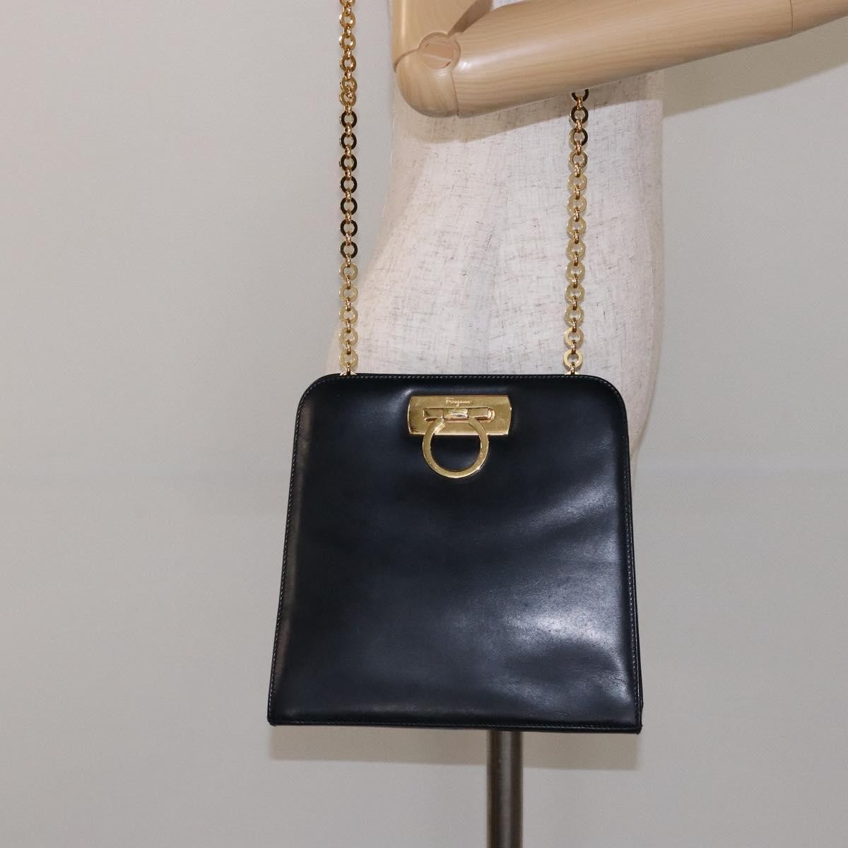 Salvatore Ferragamo Gancini Shoulder Bag Leather, NAVY, LEATHER, Shoulder bag