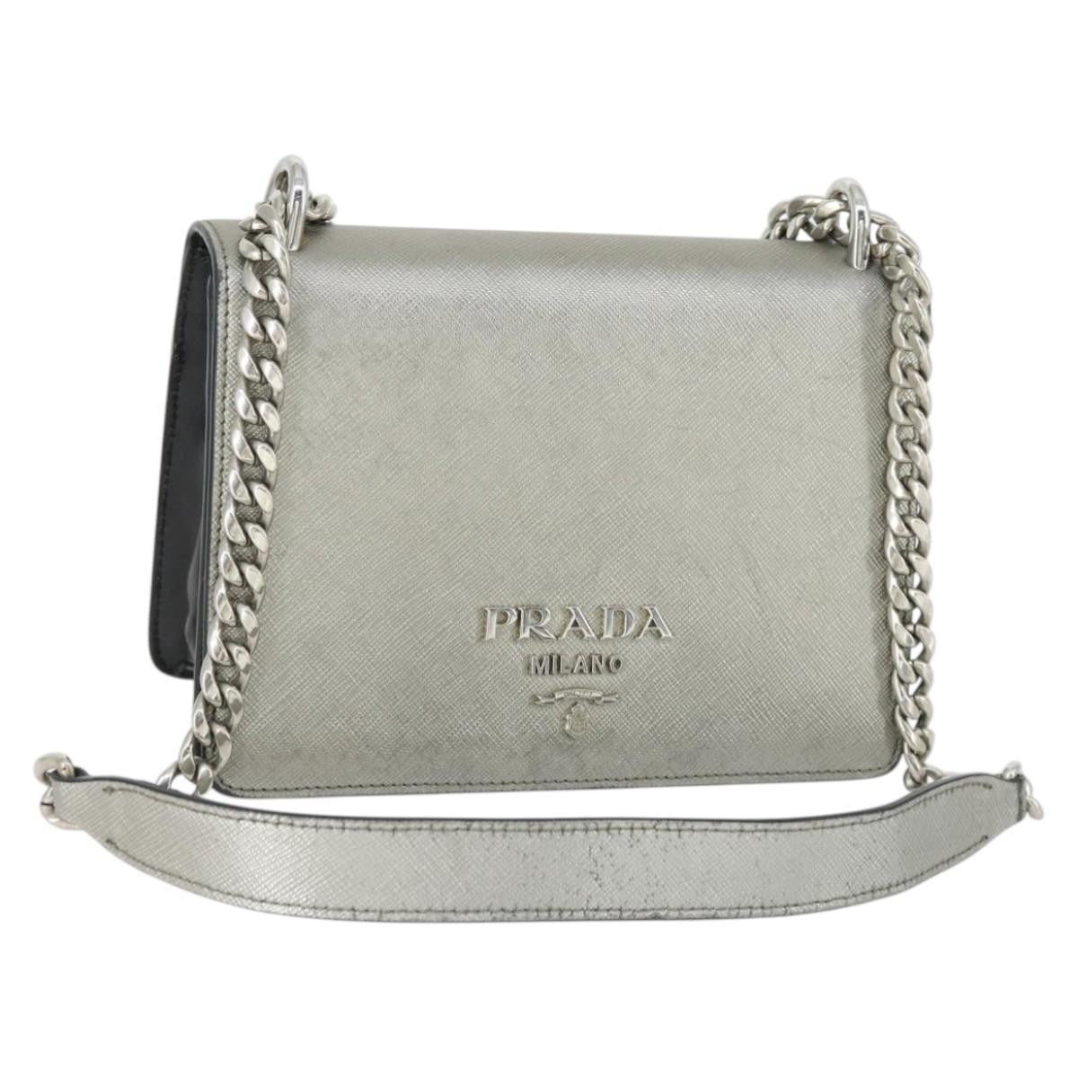 Prada Chain Flap Bag Saffiano Leather, SILVER, LEATHER, Shoulder bag