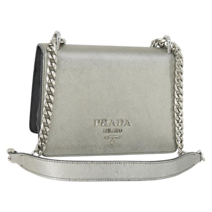 Prada Chain Flap Bag Saffiano Leather, SILVER, LEATHER, Shoulder bag