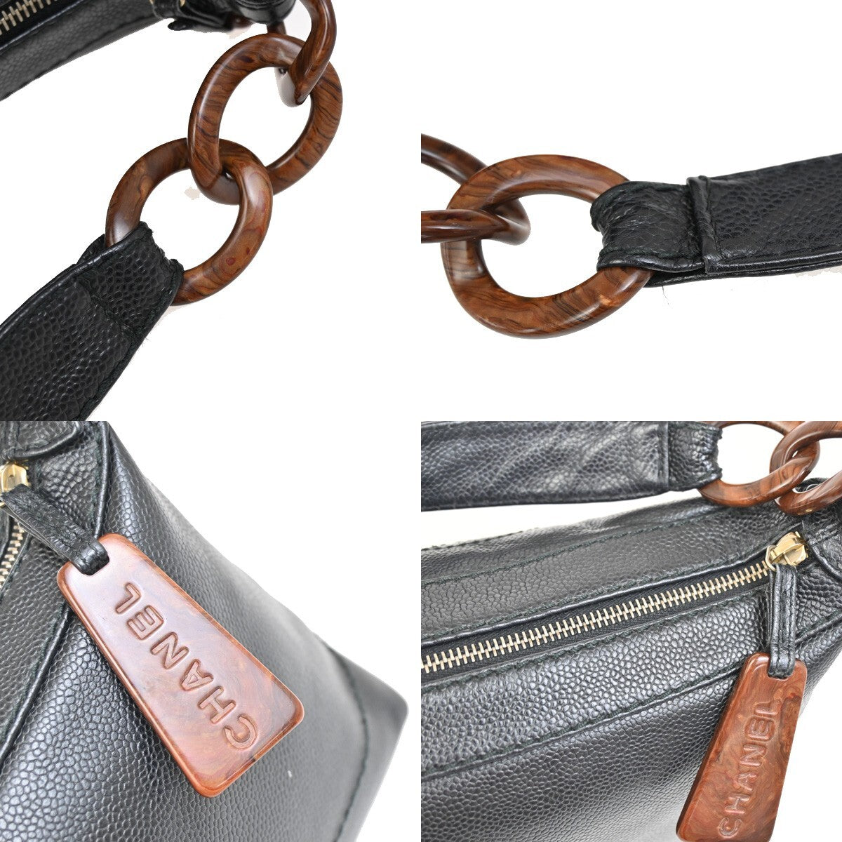 Chanel Vintage Wood Chain CC Shoulder Bag Caviar, BLACK, LEATHER, Shoulder bag