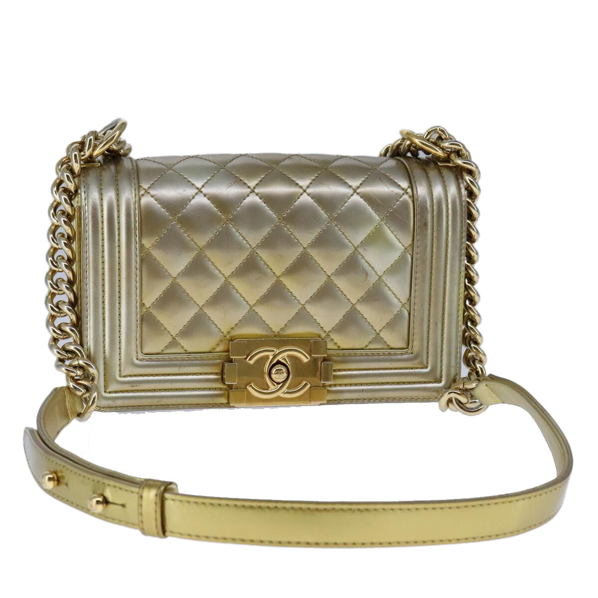 Chanel Boy Flap Bag Quilted Patent, GOLD, PATENT_LEATHER, Shoulder bag