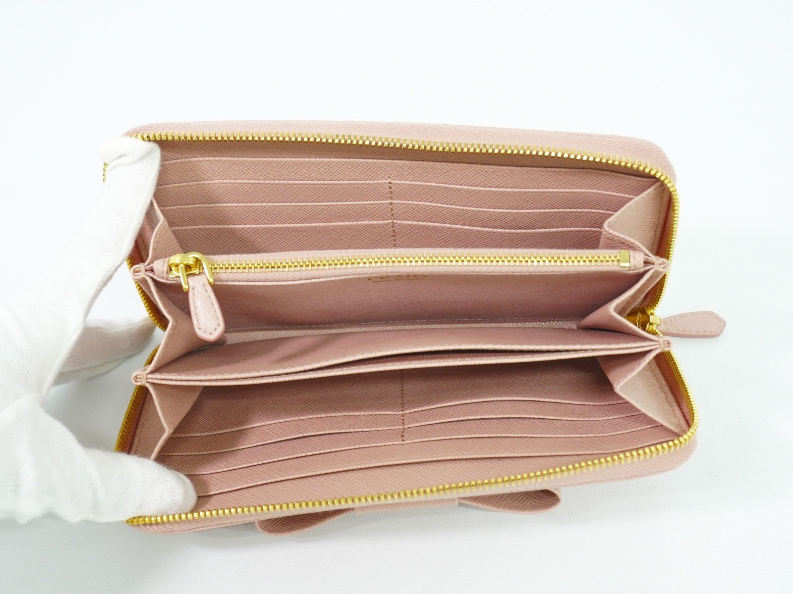 Prada Bow Zip Around Wallet Saffiano Leather, PINK, LEATHER, Wallets