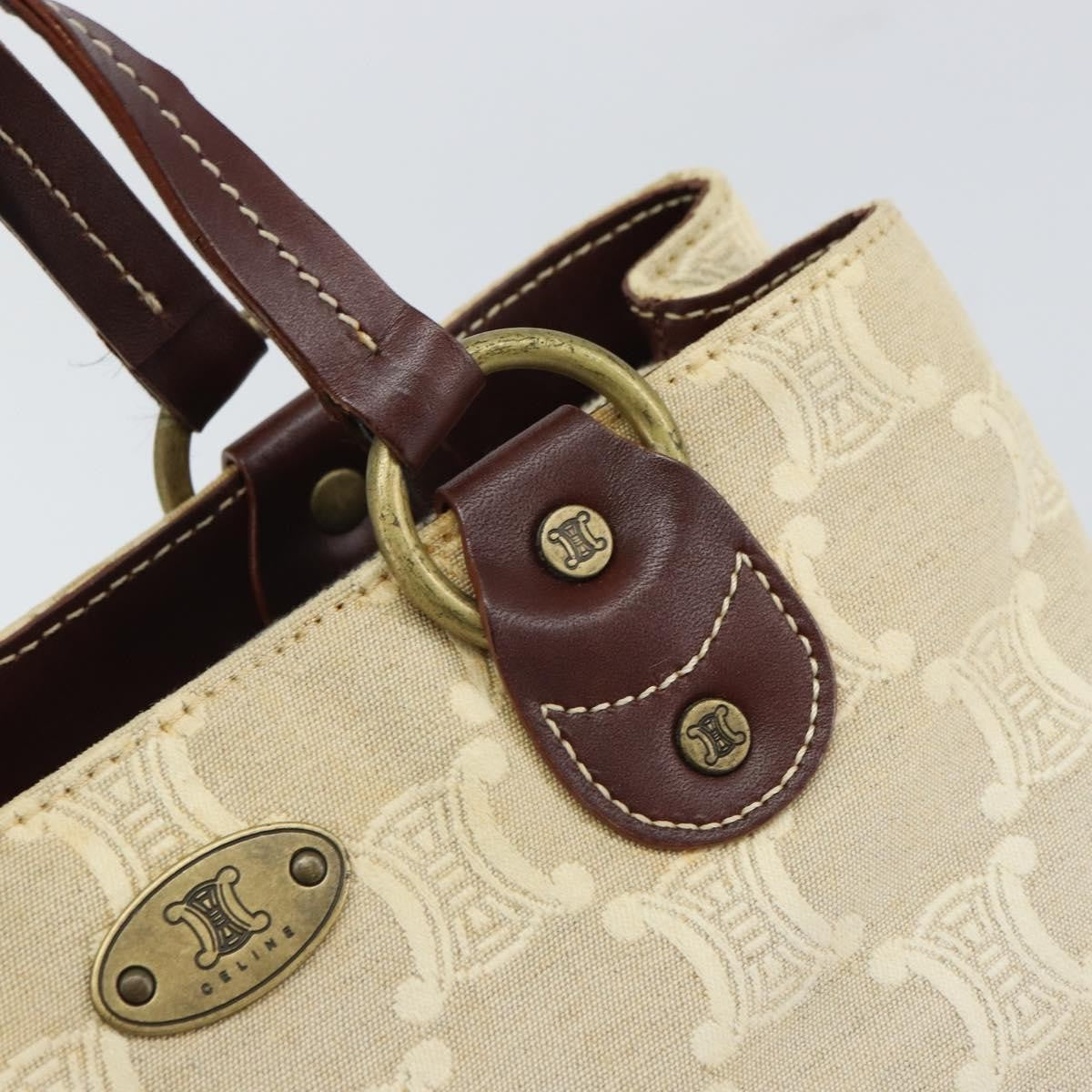 Celine Vintage Macadam Handbag Canvas and Leather, BEIGE, CANVAS, Handbag