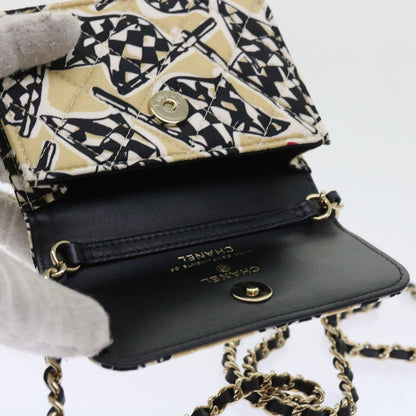 Chanel Flap Card Holder on Chain Quilted Printed Canvas, BEIGE, CANVAS, Shoulder bag