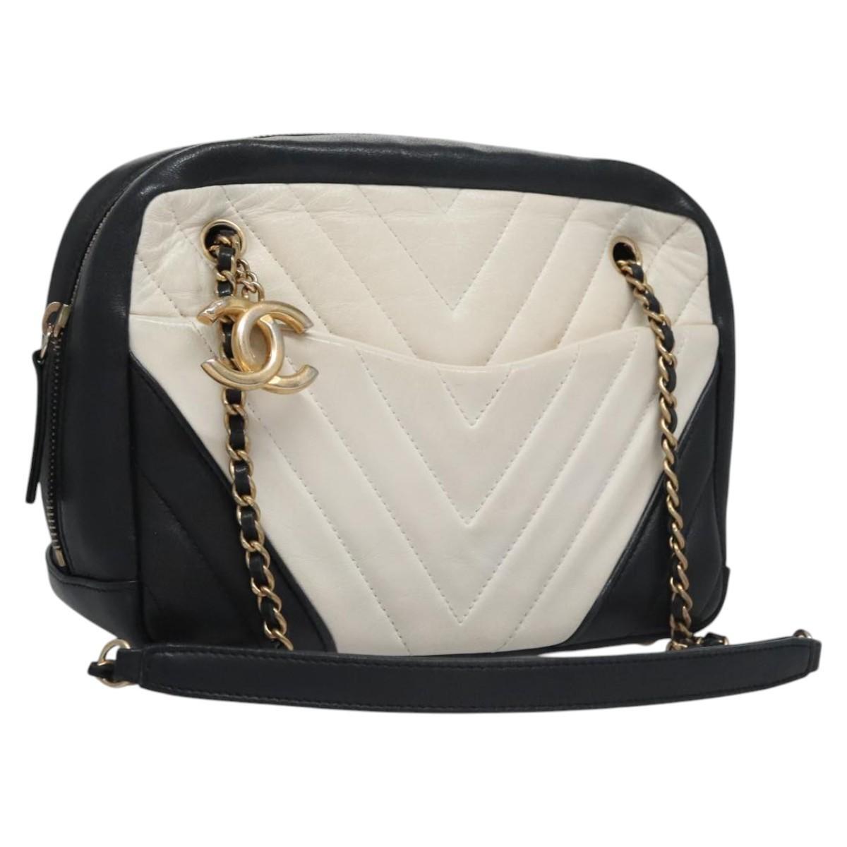 Chanel V Stitch Leather, WHITE, LEATHER, Handbag