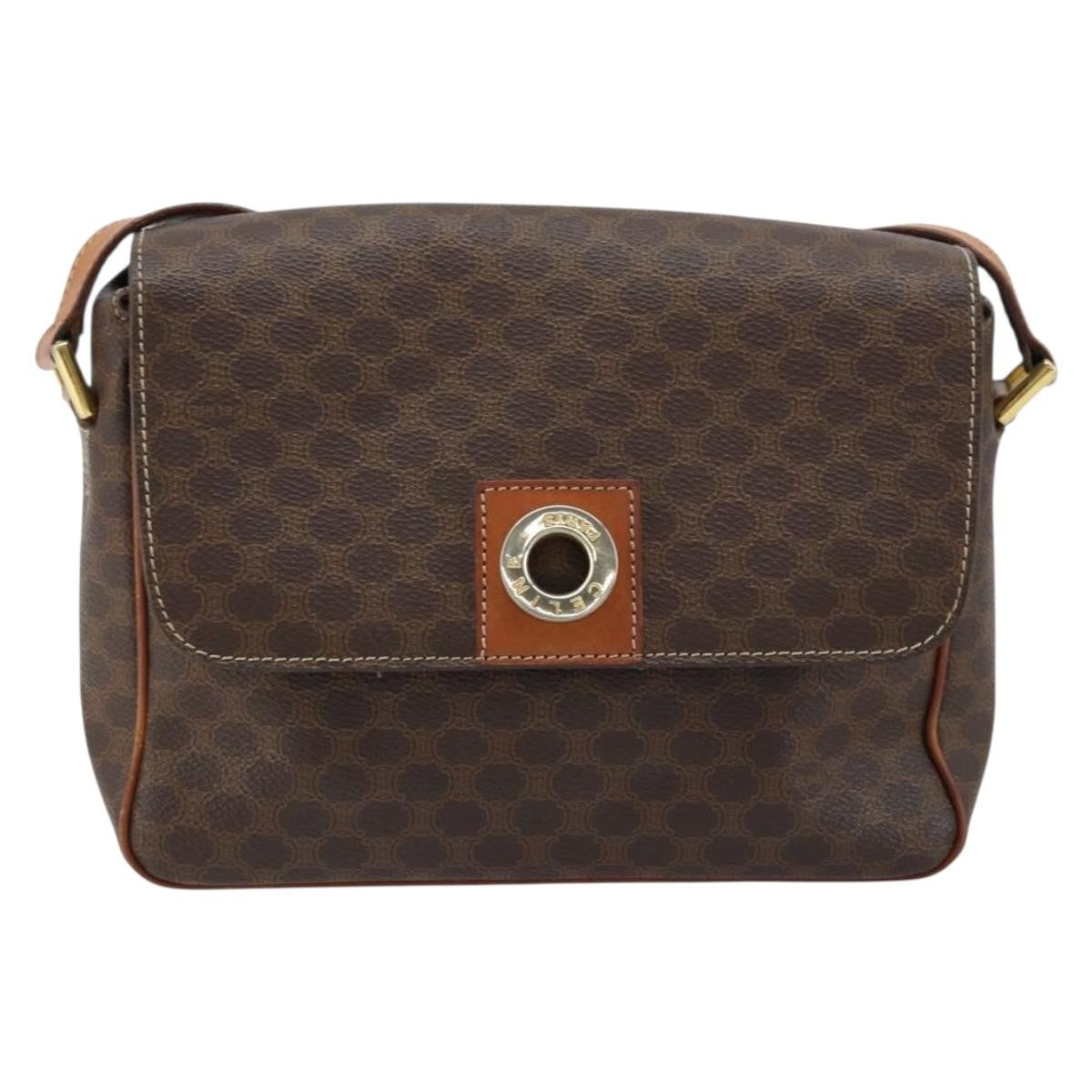 Celine Vintage Macadam Circle Logo Shoulder Bag Canvas and Leather, BROWN, CANVAS, Shoulder bag