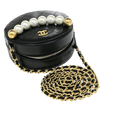 Chanel Chic Pearls Round Clutch with Chain Quilted Lambskin, BLACK, LEATHER, Shoulder bag