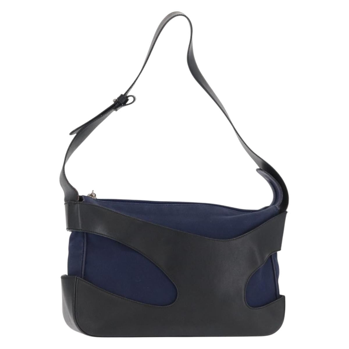 Salvatore Ferragamo Cut Out Shoulder Bag Canvas and Leather, NAVY, CANVAS, Shoulder bag