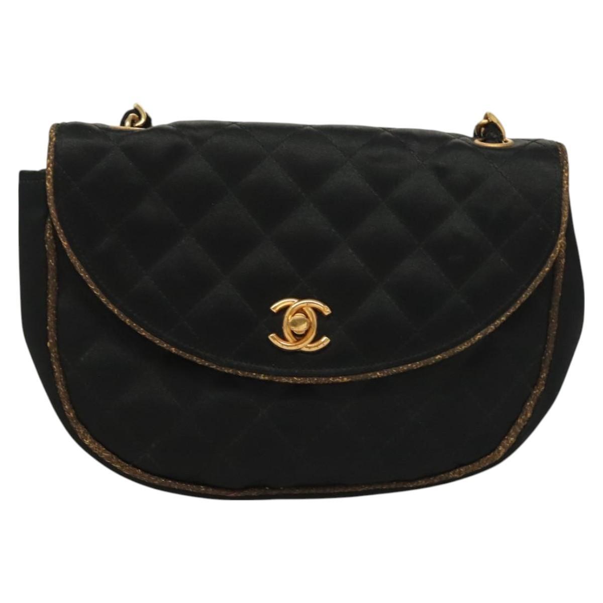 Chanel Vintage Half Moon Chain Bag Quilted Satin with Braided Detail, BLACK, SATIN, Handbag