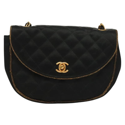 Chanel Vintage Half Moon Chain Bag Quilted Satin with Braided Detail, BLACK, SATIN, Handbag