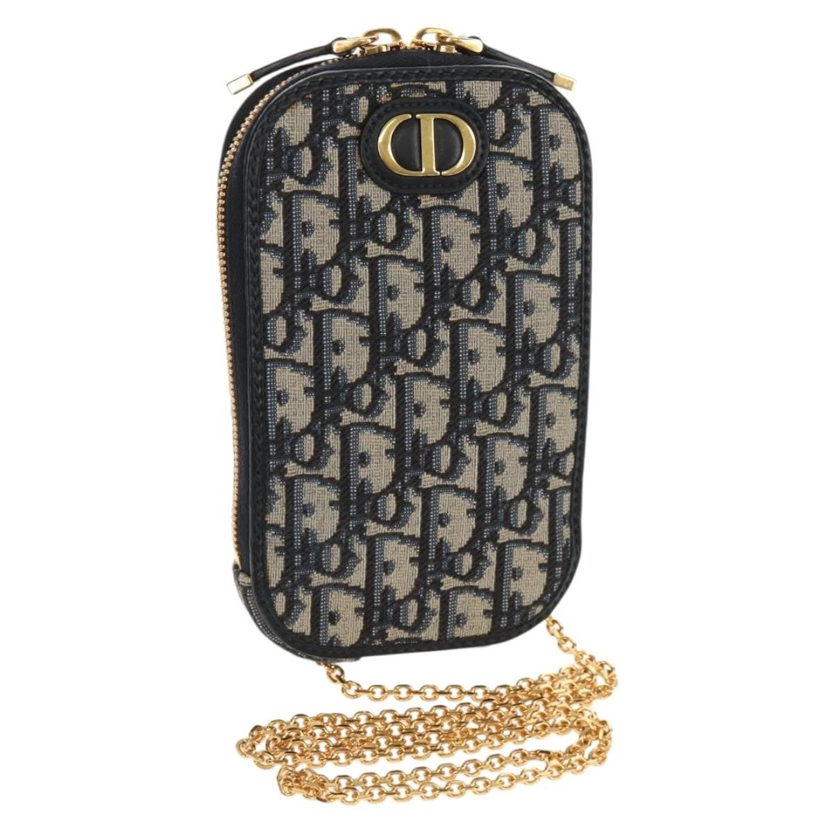 Christian Dior 30 Montaigne Phone Holder on Chain Oblique Canvas, NAVY, CANVAS, Clutche & pouche