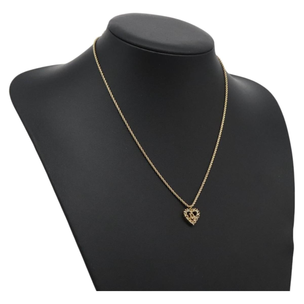 Christian Dior Logo Heart Pendant Necklace Metal with Crystal, GOLD, METAL, Necklace