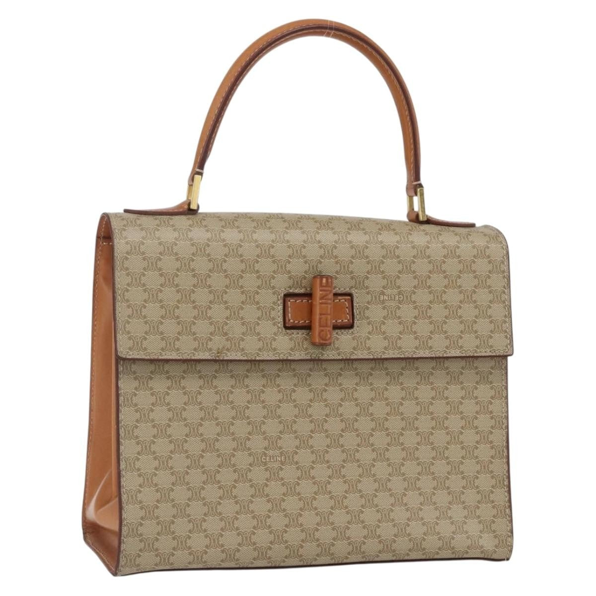 Celine Vintage Macadam Handbag Canvas and Leather, BEIGE, CANVAS, Handbag