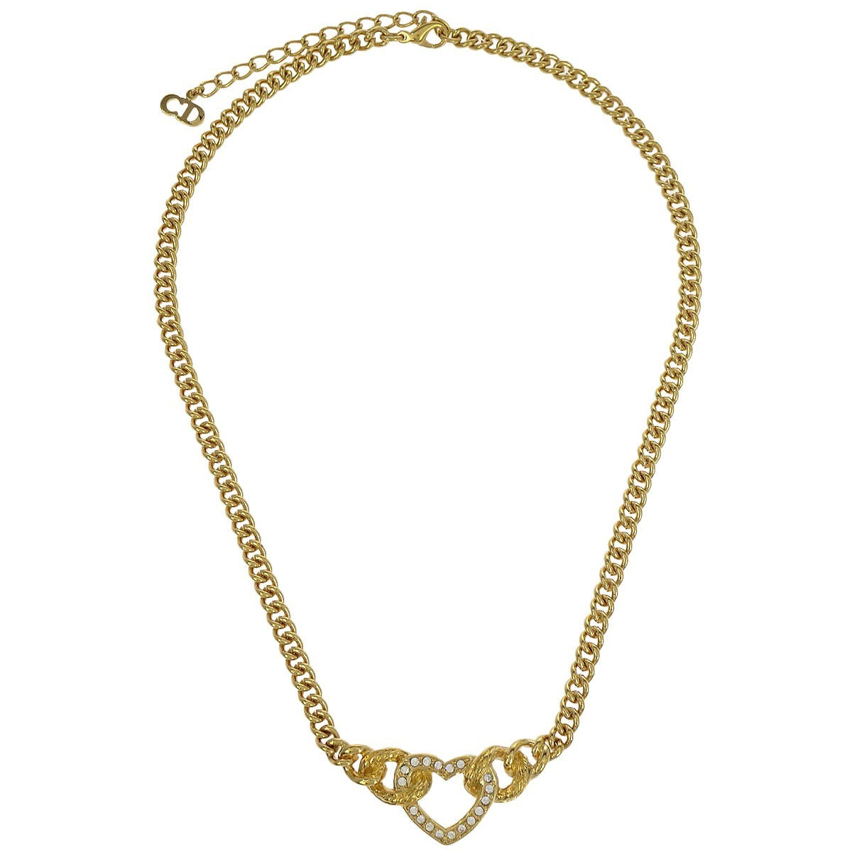 Christian Dior Logo Heart Pendant Necklace Metal with Crystal, GOLD, GOLD_PLATED, Necklace