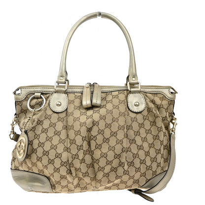 Gucci Sukey Top Handle Satchel GG Canvas with Leather, BROWN, CANVAS, Tote bag