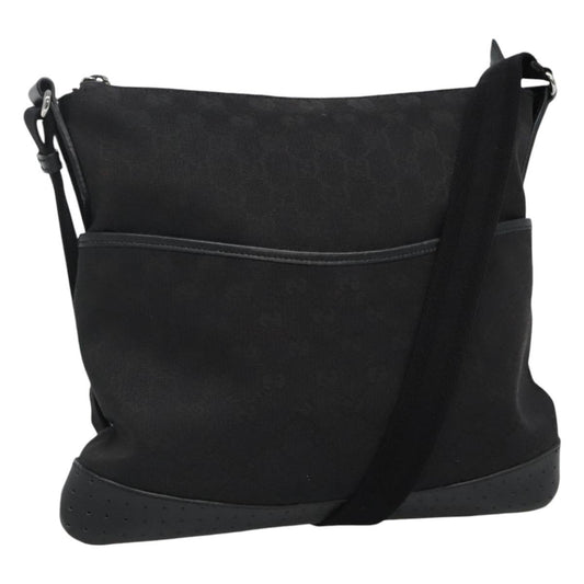 Gucci Zip Messenger Bag GG Canvas with Perforated Leather, BLACK, CANVAS, Shoulder bag