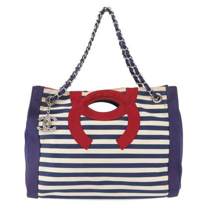 Chanel Mariniere Chain Tote Striped Canvas, NAVY, CANVAS, Tote bag