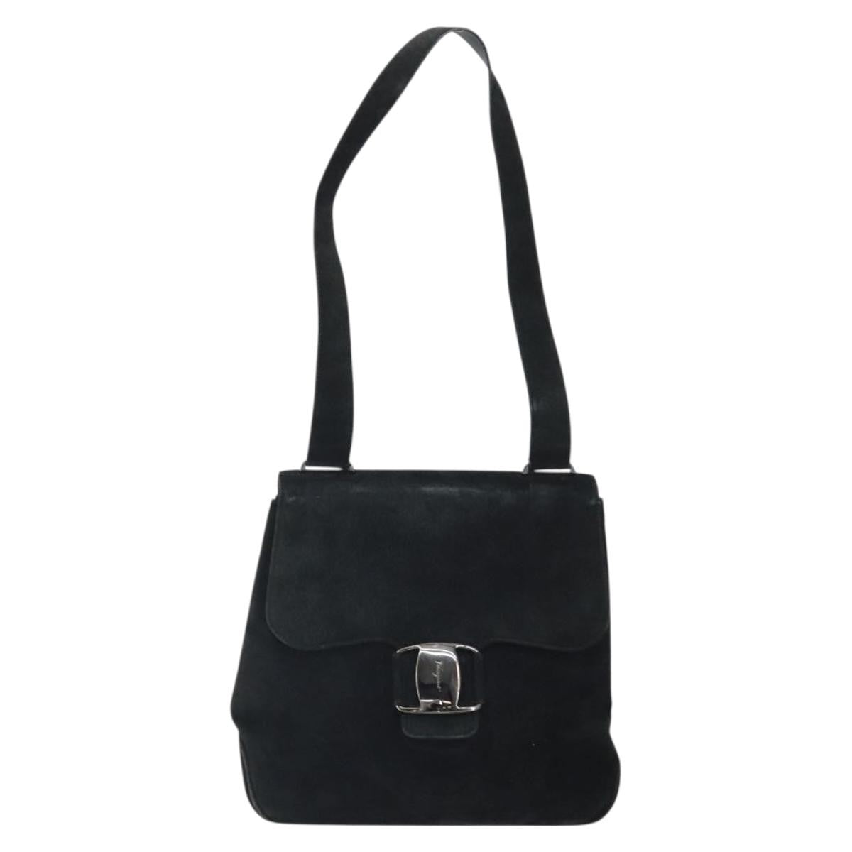 Salvatore Ferragamo Vala Shoulder Bag Suede, BLACK, SUEDE, Shoulder bag