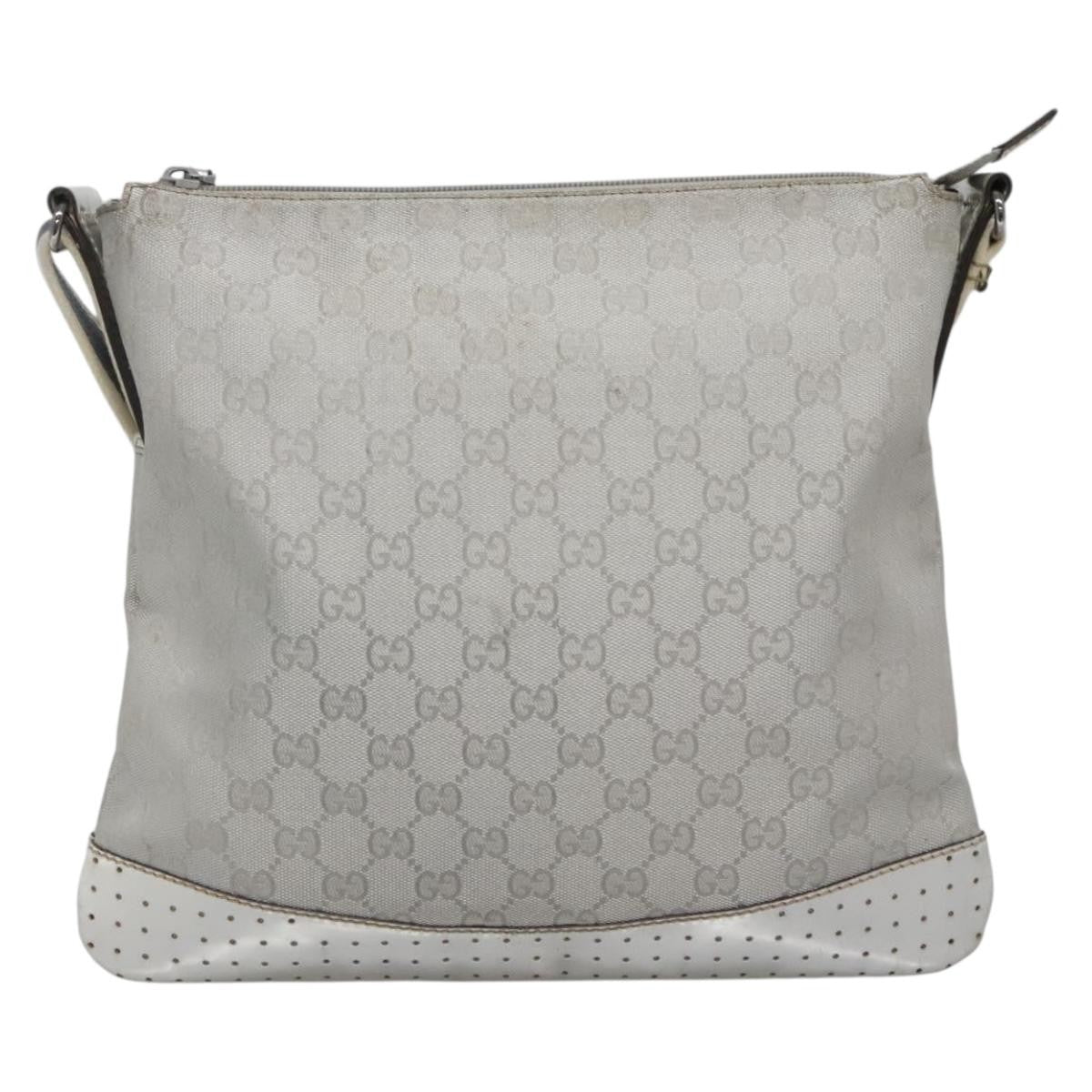 Gucci Zip Messenger Bag GG Canvas with Perforated Leather, SILVER, CANVAS, Shoulder bag
