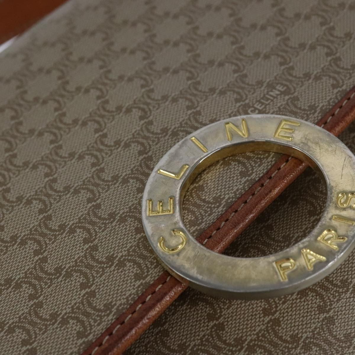 Celine Vintage Macadam Circle Logo Shoulder Bag Canvas and Leather, Beige, Canvas, Shoulder Bag