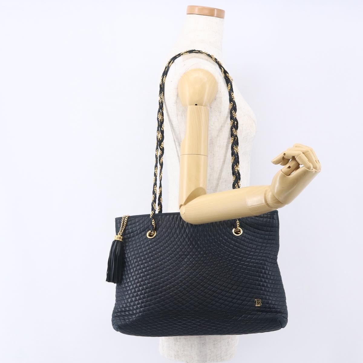 Bally Vintage Chain Shoulder Bag Quilted Leather, NAVY, LEATHER, Shoulder bag