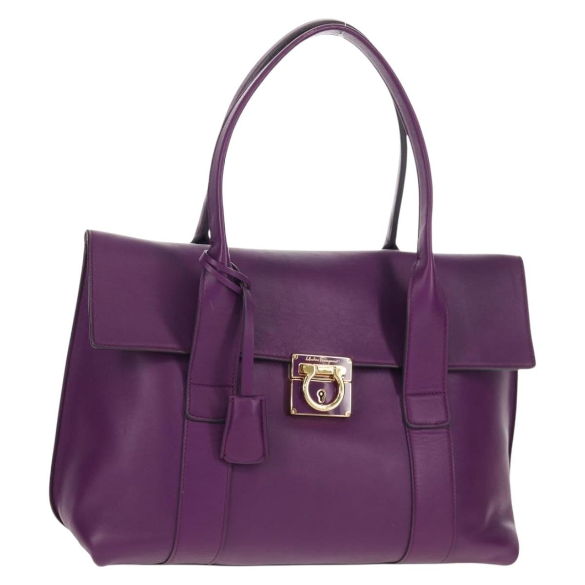 Salvatore Ferragamo Gancini Lock Flap Tote Leather, PURPLE, LEATHER, Handbag