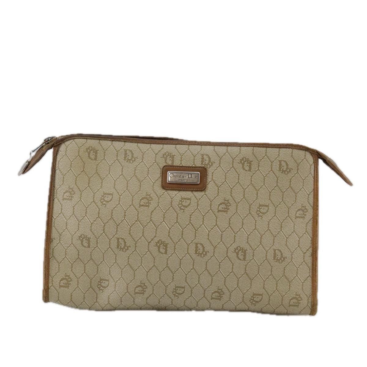 Christian Dior Vintage Honeycomb Zip Pouch Canvas and Leather, BEIGE, CANVAS, Clutche & pouche