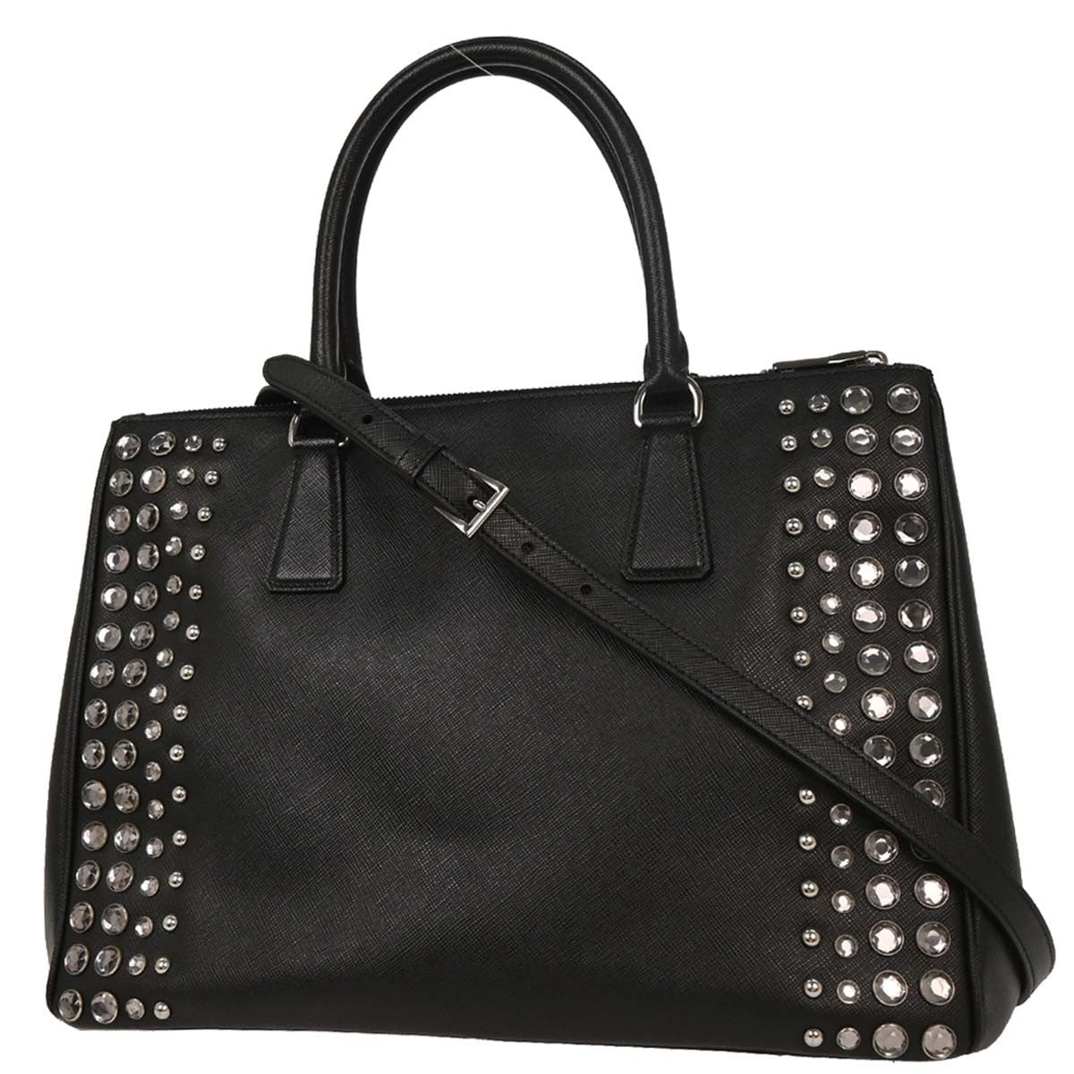 Prada Grommet Galleria Double Zip Tote City Calfskin, BLACK, LEATHER, Shoulder bag