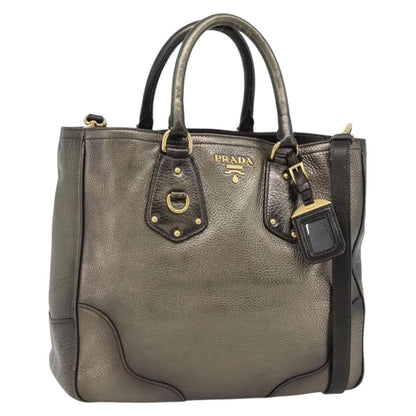 Prada Braided Handle Open Tote Vitello Daino, Gold, Leather, Tote Bag