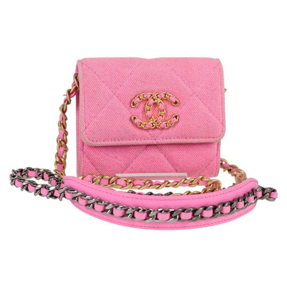 Chanel 19 Flap Coin Purse With Chain Quilted Denim, PINK, CANVAS, Wallets