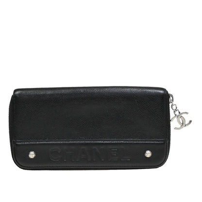 Chanel CC Logo Zipper Long Bifold Leather, BLACK, CALFSKIN, Wallets