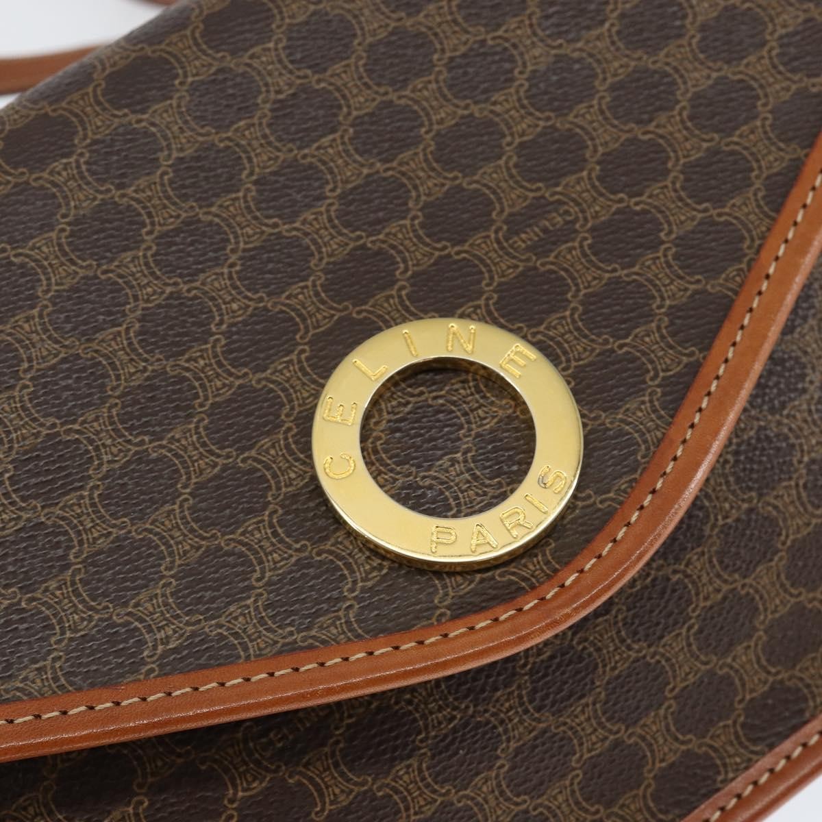 Celine Vintage Macadam Circle Logo Shoulder Bag Canvas and Leather, BROWN, CANVAS, Shoulder bag