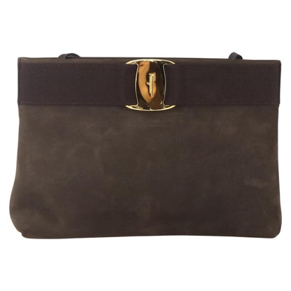 Salvatore Ferragamo Vala Shoulder Bag Suede, BROWN, SUEDE, Shoulder bag