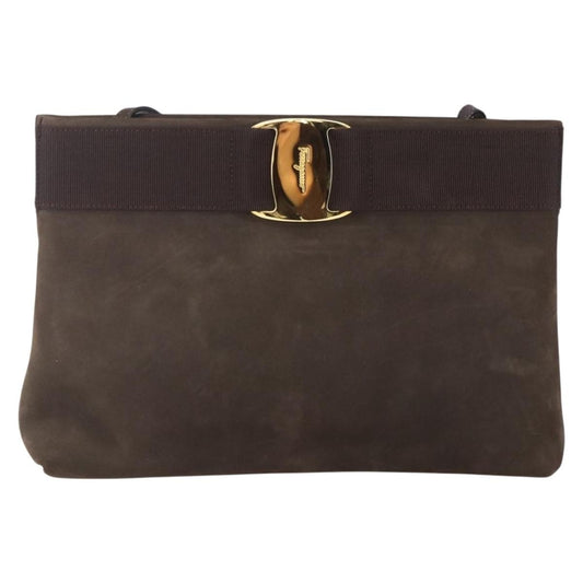 Salvatore Ferragamo Vala Shoulder Bag Suede, BROWN, SUEDE, Shoulder bag